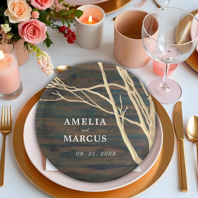 Rustic Dark Wood Winter Tree Wedding Party Paper Plate (Creator Uploaded)