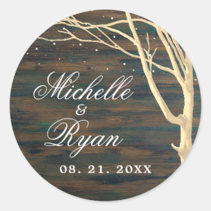 Rustic Dark Wood Winter Tree White Script Wedding Classic Round Sticker
