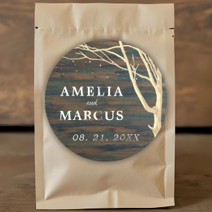 Rustic Dark Wood Winter Tree White Script Wedding Classic Round Sticker