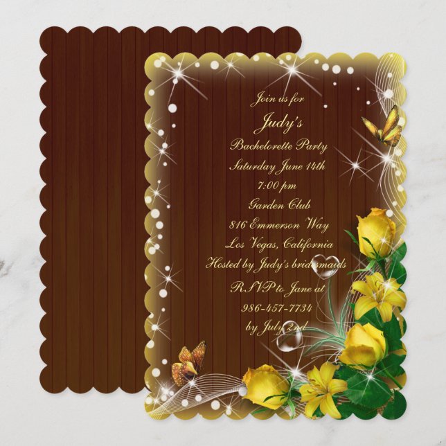 Rustic Dark Wood Yellow Floral Bachelorette Party Invitation (Front/Back)