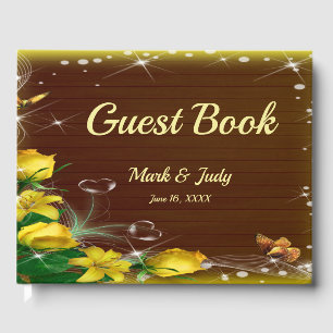 Rustic Dark Wood Yellow Floral Butterfly Wedding Guest Book