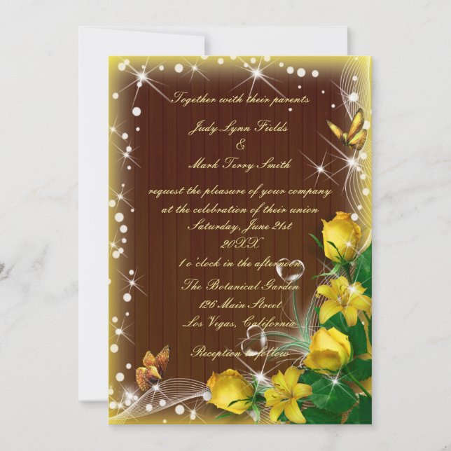 Rustic Dark Wood Yellow Floral Butterfly Wedding Invitation (Front)