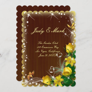 Rustic Dark Wood Yellow Floral Butterfly Wedding Invitation