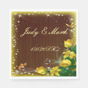 Rustic Dark Wood Yellow Floral Butterfly Wedding Napkin