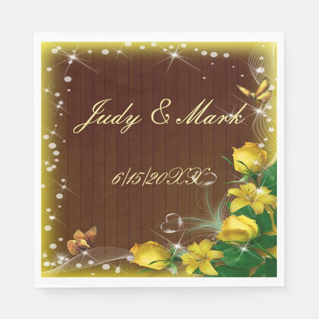 Rustic Dark Wood Yellow Floral Butterfly Wedding Napkin (Front)