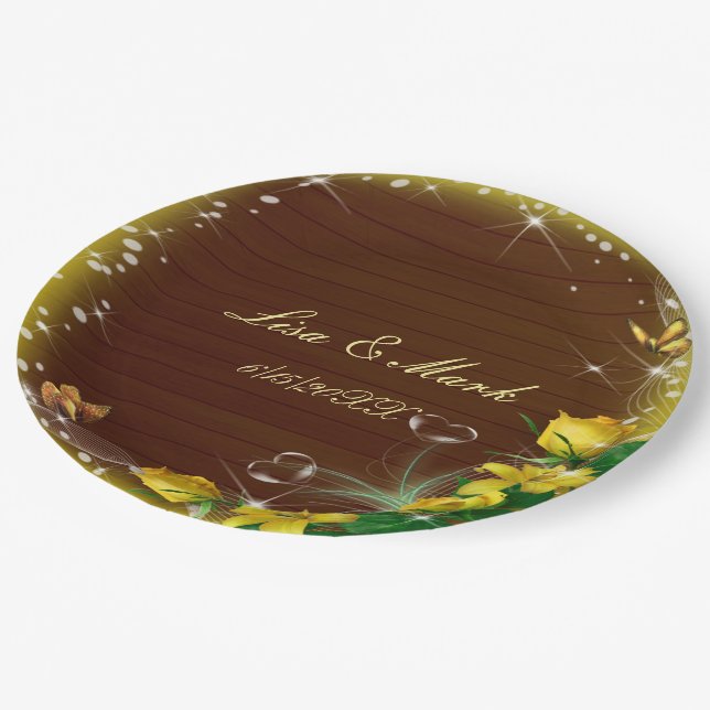 Rustic Dark Wood Yellow Floral Butterfly Wedding Paper Plate (Angled)