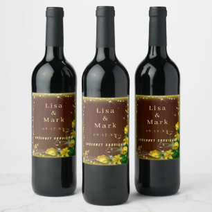 Rustic Dark Wood Yellow Floral Butterfly Wedding Wine Label
