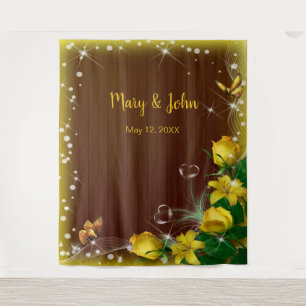 Rustic Dark Wood Yellow Floral Wedding Backdrop Tapestry