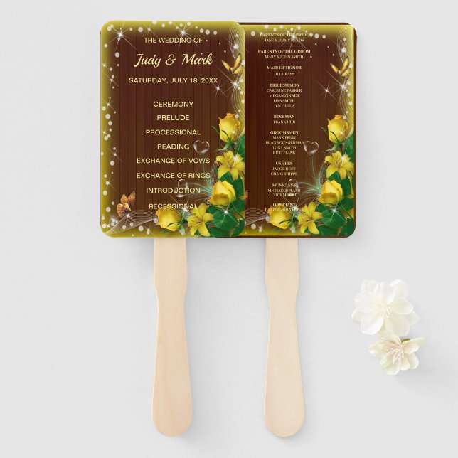 Rustic Dark Wood Yellow Floral Wedding Program Hand Fan (Front and Back)