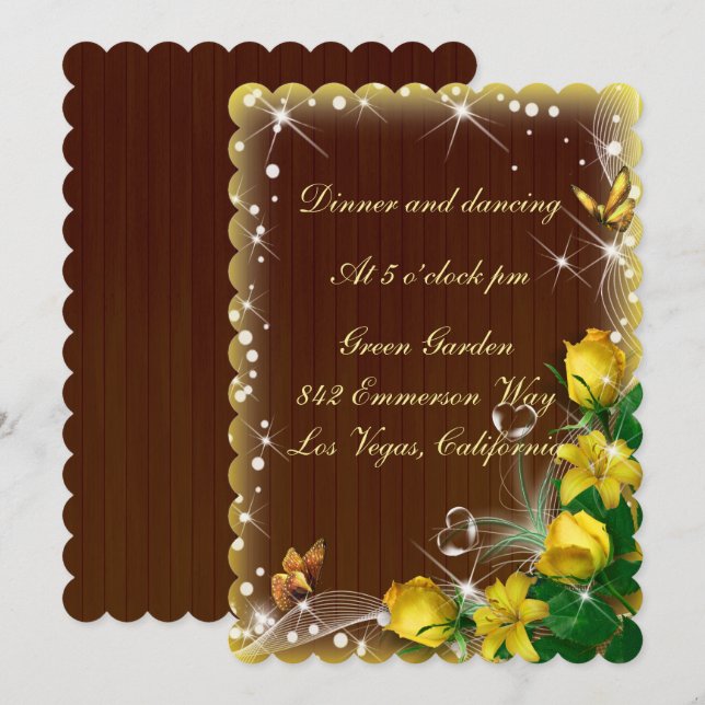 Rustic Dark Wood Yellow Floral Wedding Reception Invitation (Front/Back)