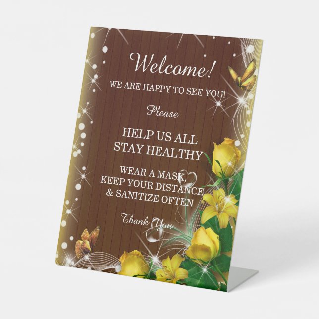 Rustic Dark Wood Yellow Floral Wedding Safety  Pedestal Sign (Front)