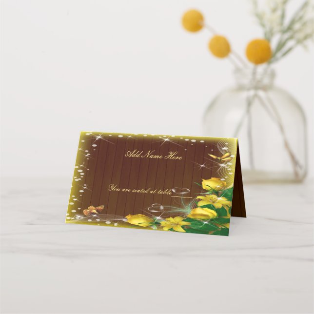 Rustic Dark Wood Yellow Floral Wedding Table Place Card (Front)