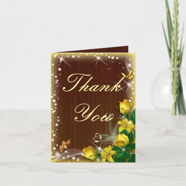 Rustic Dark Wood Yellow Floral Wedding Thank You Card (Front)