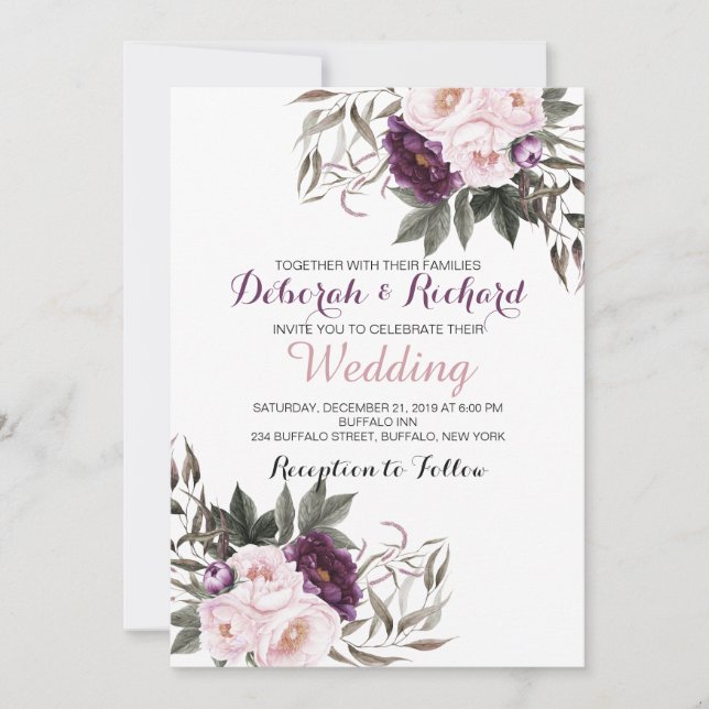 Rustic Deep Purple Peony Floral Wedding Card (Front)
