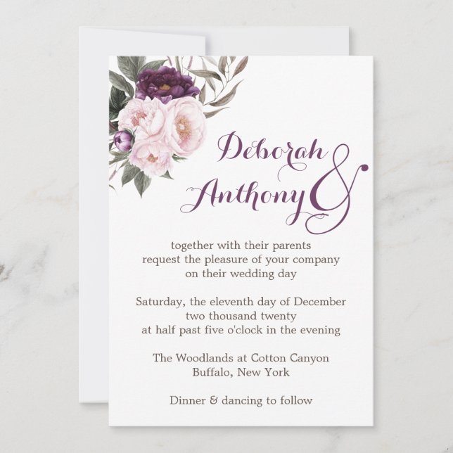 Rustic Deep Purple Peony Floral Wedding Card (Front)