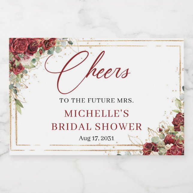 Rustic deep red and blush vintage roses gold frame sparkling wine label (Single Label)