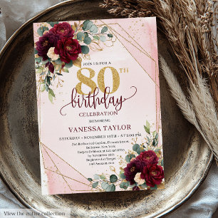 Rustic Deep Red Blush Gold Flowers 80th Birthday  Invitation