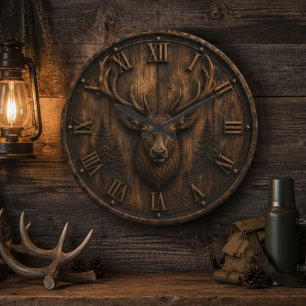 Rustic Deer 3D Stag Head Cabin Decor Large Clock