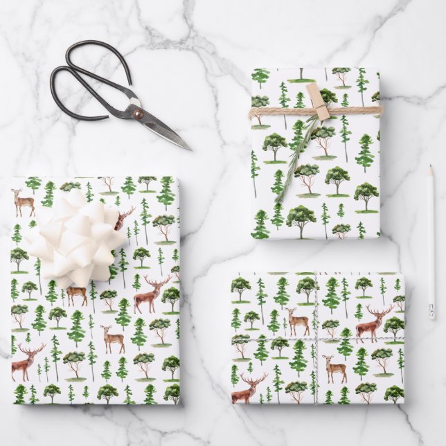Rustic Deer and Trees Pattern Wrapping Paper Sheet (Front)