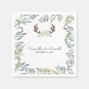 RUSTIC Deer Antler and Greenery, Blue Napkin