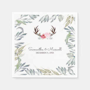 RUSTIC Deer Antler and Pink Rose Napkin