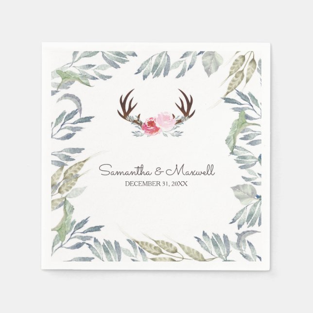 RUSTIC Deer Antler and Pink Rose Napkin (Front)