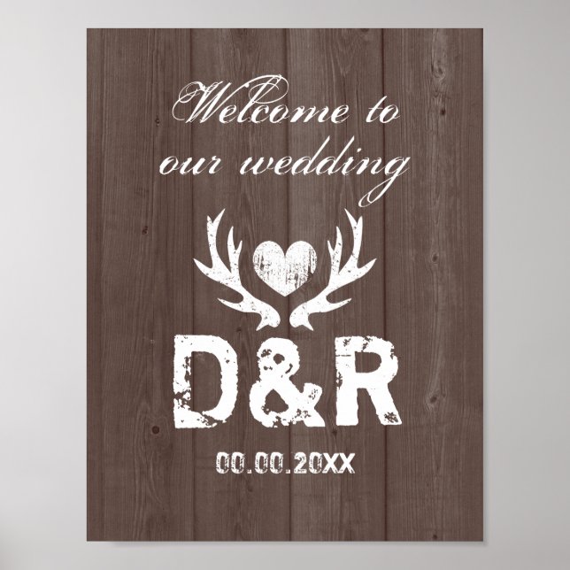Rustic deer antler barn wood grain wedding posters (Front)