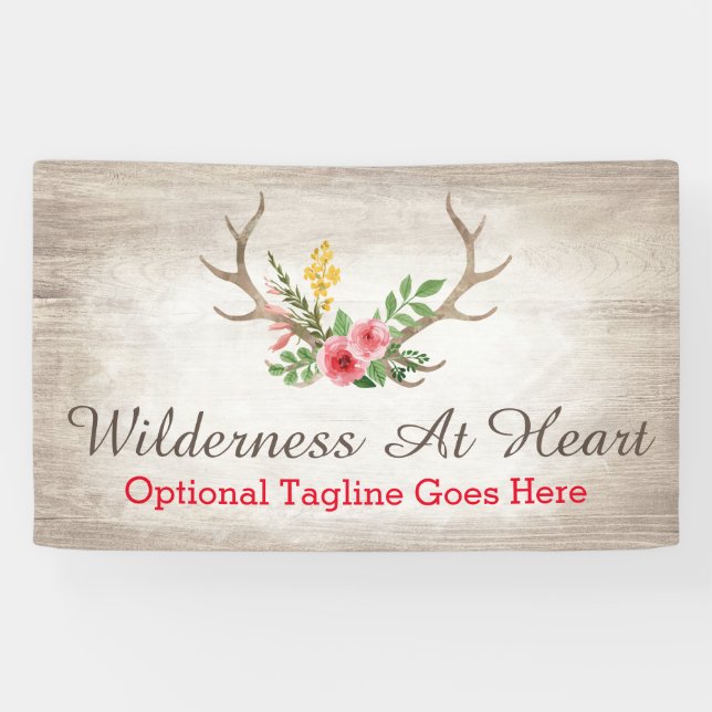 Rustic Deer Antler Bohemian Floral Watercolor Wood Banner (Horizontal)