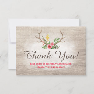 Rustic Deer Antler Bohemian Floral Wood Thank You Card