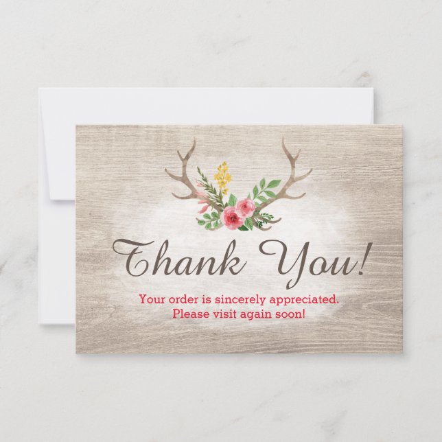 Rustic Deer Antler Bohemian Floral Wood Thank You Card (Front)