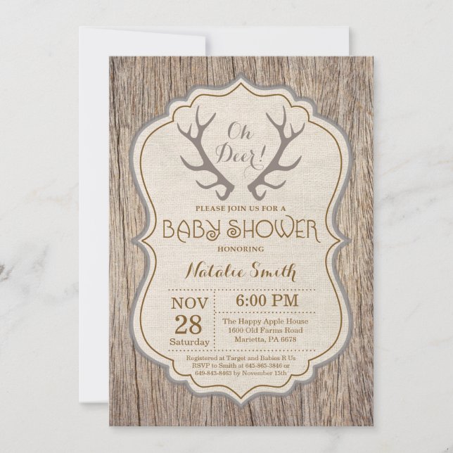 Rustic Deer Antler Oh Deer Baby Shower Invitation (Front)