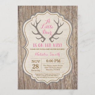 Rustic Deer Antler Pink Girl Baby Shower Invitation