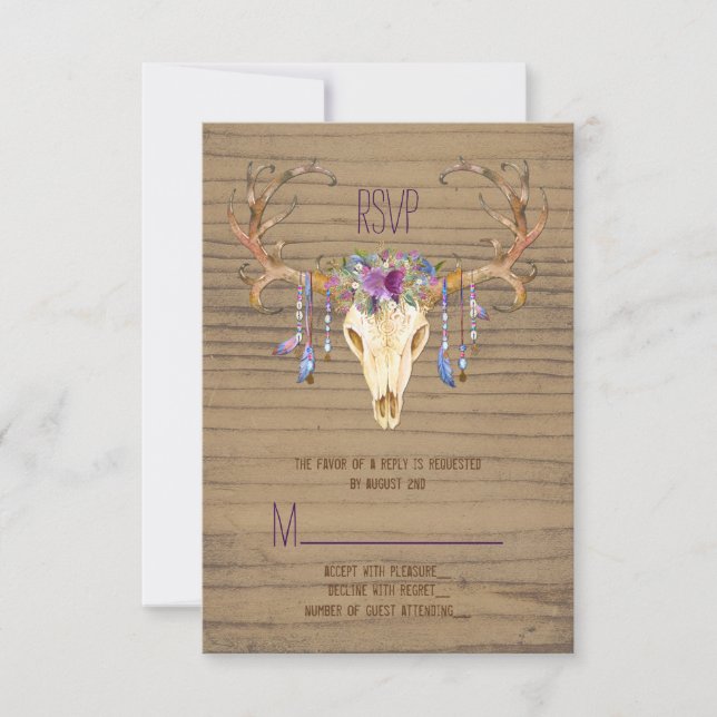 Rustic Deer Antler Skull Southwestern Wedding RSVP (Front)