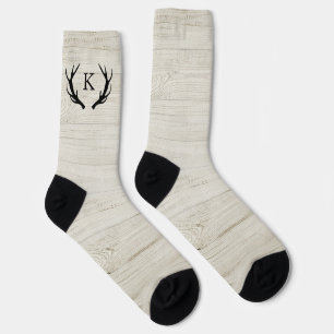 Rustic Deer Antler White Wood Monogrammed Unisex Socks