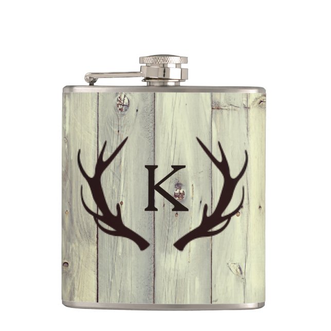 Rustic Deer Antler with Monogram Pale Barn Wood Hip Flask (Front)