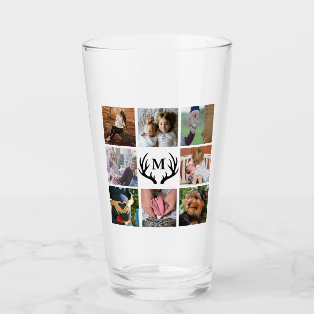 Rustic Deer Antlers 8 Photo Collage | Monogram Glass (Front)