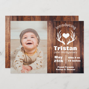 Rustic Deer Antlers Barn Wood Birth Announcement
