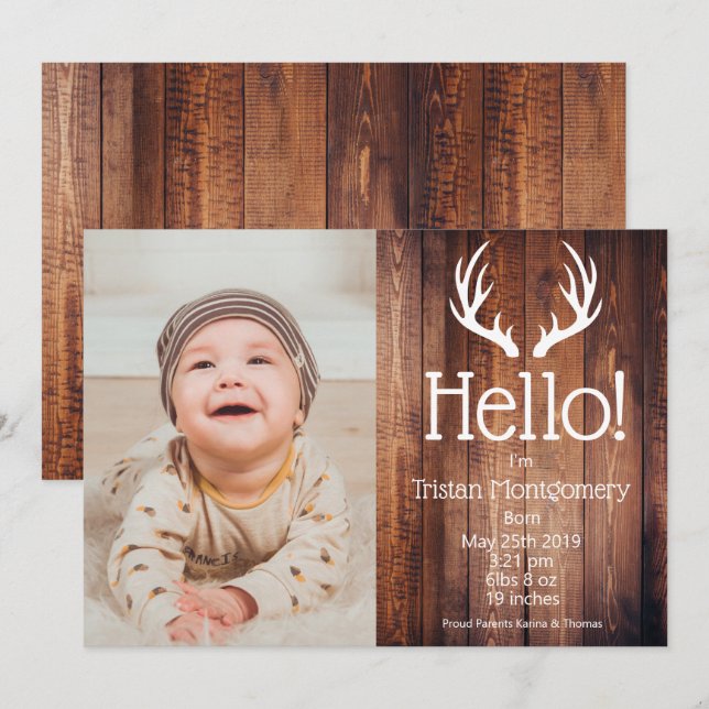 Rustic Deer Antlers Barn Wood Birth Announcement (Front/Back)