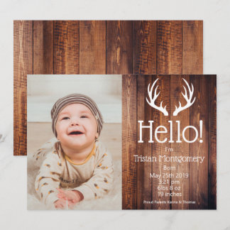 Rustic Deer Antlers Barn Wood Birth Announcement