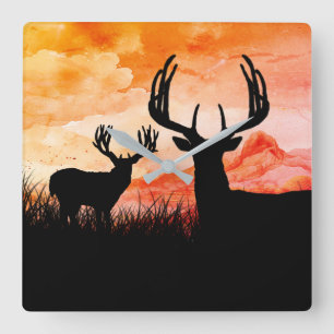 Rustic Deer Antlers Buck Hunting Square Wall Clock