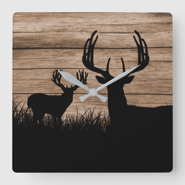 Rustic Deer Antlers Buck Hunting Square Wall Clock (Front)