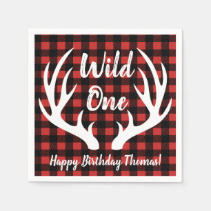 Rustic Deer Antlers Buffalo Check Plaid Wild One Napkin