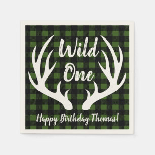 Rustic Deer Antlers Buffalo Check Plaid Wild One Napkin