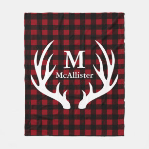 Rustic Deer Antlers Buffalo Plaid Family Name Fleece Blanket