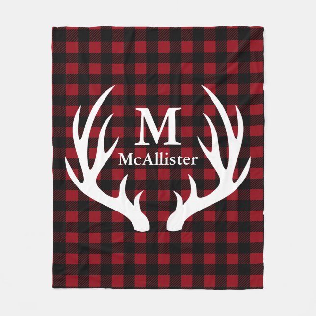 Rustic Deer Antlers Buffalo Plaid Family Name Fleece Blanket (Front)