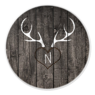 Rustic Deer Antlers & Carved Heart Country Dresser Ceramic Knob