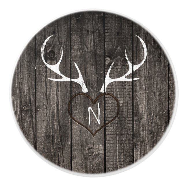 Rustic Deer Antlers & Carved Heart Country Dresser Ceramic Knob (Front)