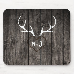 Rustic Deer Antlers & Carved Heart Country Mouse Mat