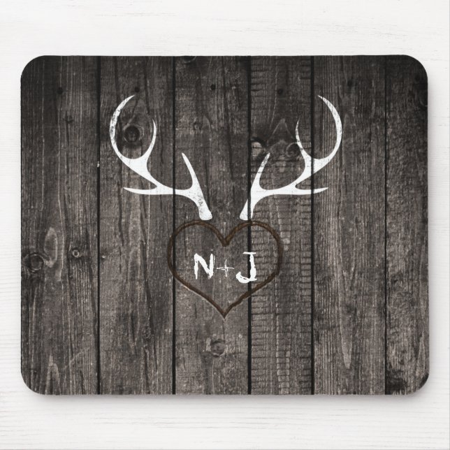 Rustic Deer Antlers & Carved Heart Country Mouse Mat (Front)