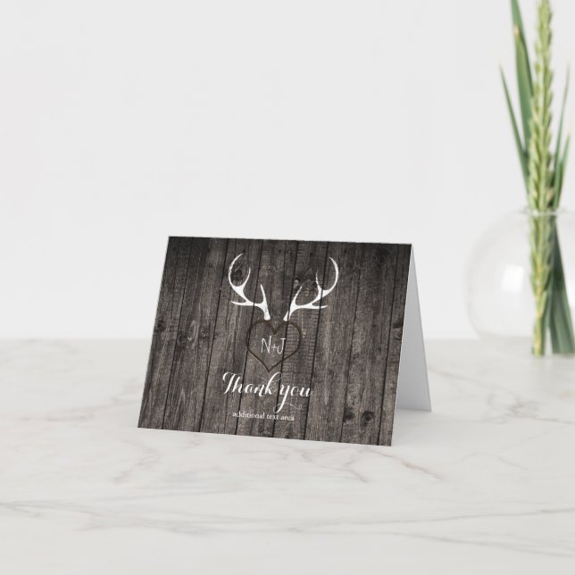Rustic Deer Antlers & Carved Heart Thank You Card (Front)